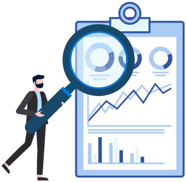 Adam dijital raporu verilerle analiz ediyor. İstatistiksel göstergeler ve grafik bilgi görselleştirmesi