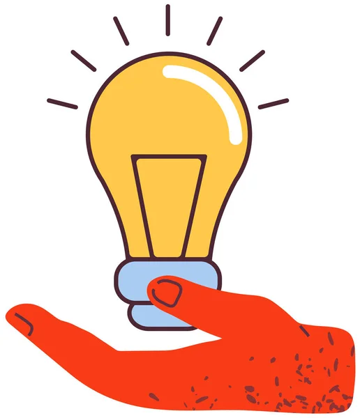 Little people thinking about new idea light bulb. Virtual network cooperation, creative solution. Hand with idea — стоковый вектор