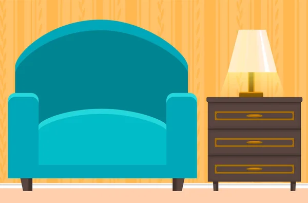 Armchair in retro blue color and bedroom nightstand. Living room furniture design concept modern home interior element — Archivo Imágenes Vectoriales