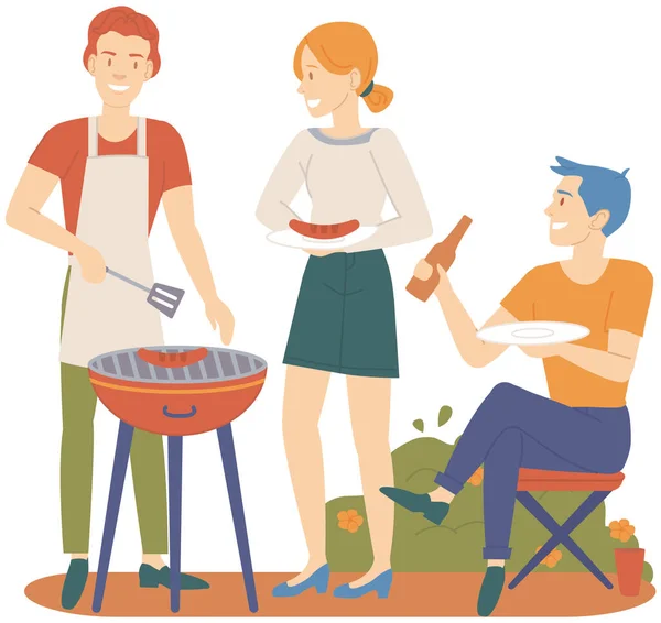 Les gens grillent de la viande barbecue, cuisinent. Homme et femme préparant un steak pour le pique-nique, barbecue — Image vectorielle