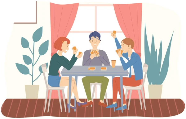 Man and girl playing cards, excited friends having good time together sitting at table at home — Vector de stock