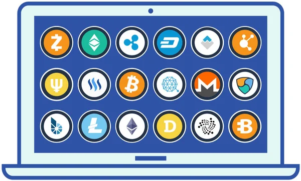 Cryptocurrency exchange and mining program for computer. Stock market trading platform on monitor — Stock Vector
