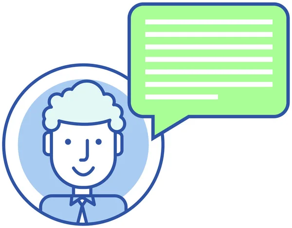 Man near communication chat button, speech bubble icon. Virtual account, user profile symbol — Vetor de Stock