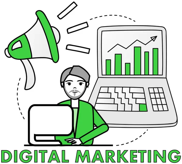 Man works with marketing and data analytics. Digital advertising and promoting in social media — Vetor de Stock