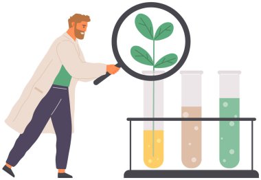Biyologlar bitki hücresinin yapısını inceliyorlar. Laboratuvarda yeşil numuneyle biyolojik araştırma.