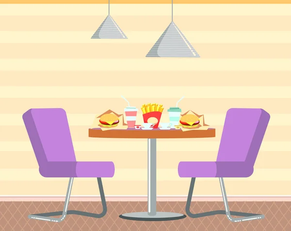 Summer cafe with high-calorie dishes and drinks. Fast food establishment with set table and chairs — ストックベクタ