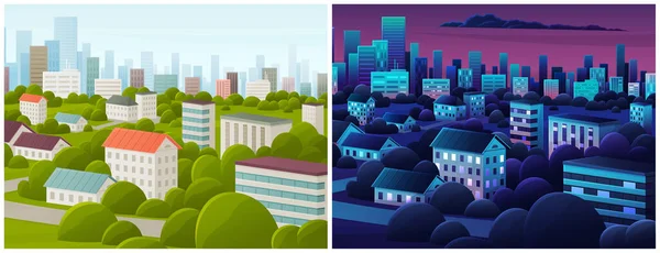 Mimariyle birlikte gece gündüz şehir manzarası seti. Evleri ve binaları olan şehir manzarası