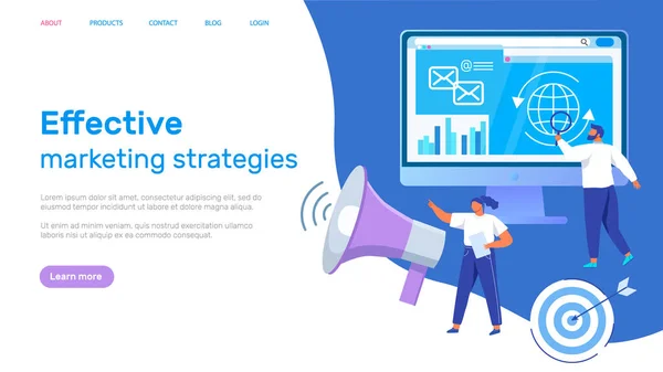 Effektiva marknadsföringsstrategier koncept. Personer som arbetar med annonsering och marknadsföring online — Stock vektor