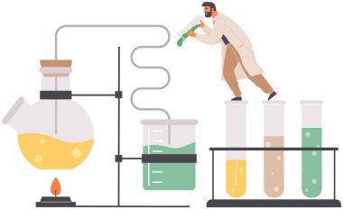 Bilim adamı ekipmanlarla laboratuvar analizi yapıyor. Kimya bilimi üzerine mataralarla çalışma fikri