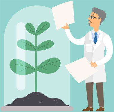 Laboratuvarda bir bilim adamı fabrikayı inceliyor. Çevre koruma üzerine çevre dostu teknoloji araştırması