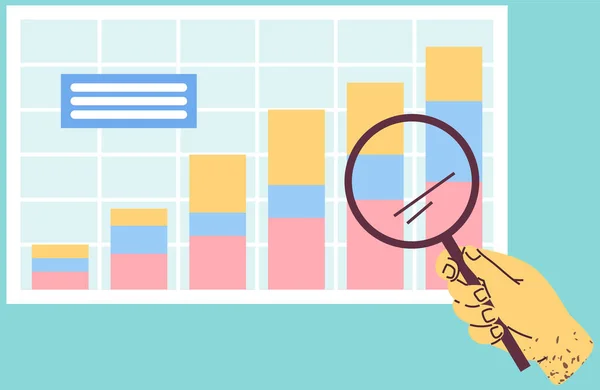Personen undersöker schemat under förstoringsglas. Hand med hög förstoringsglas diagram, digital struktur — Stock vektor