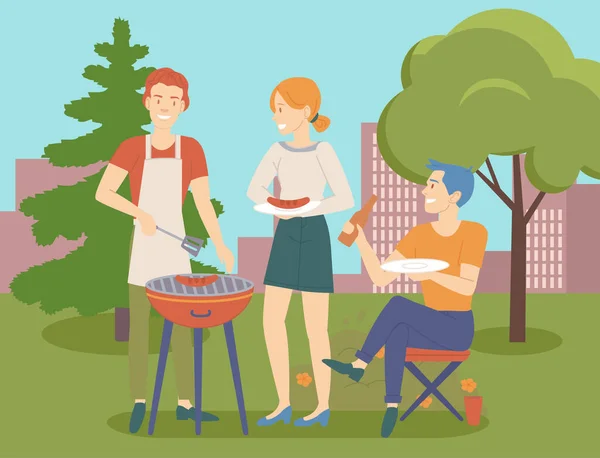 人们烤bbq肉，做饭了。男男女女为野餐准备牛排，烧烤 — 图库矢量图片