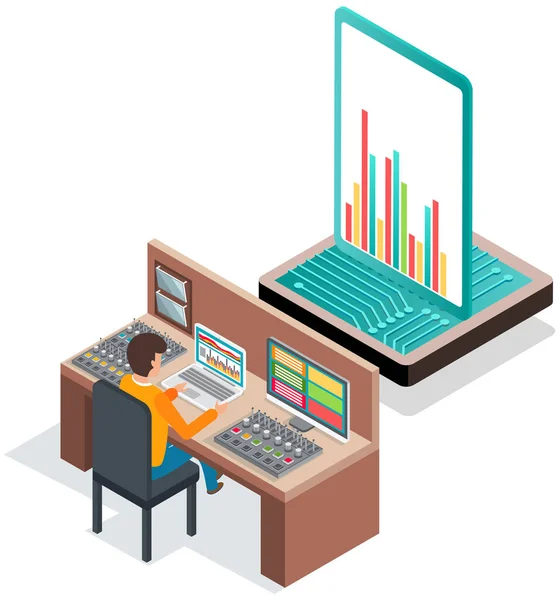 Muziekproductieatelier isometrische interieur met geluidstechnicus, arrangement producent werkplek — Stockvector