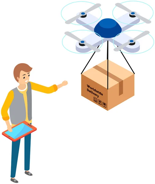 Cartoon kartonnen doos pakket leveren per helikopter. Drone met lading pack, levering service mascotte — Stockvector