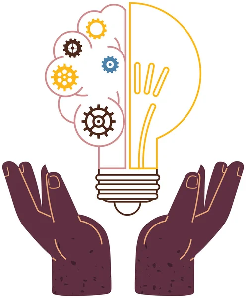 Лампочка з шестернями між руками. Створення нової ідеї, вирішення проблем, бізнес-рішення — стоковий вектор