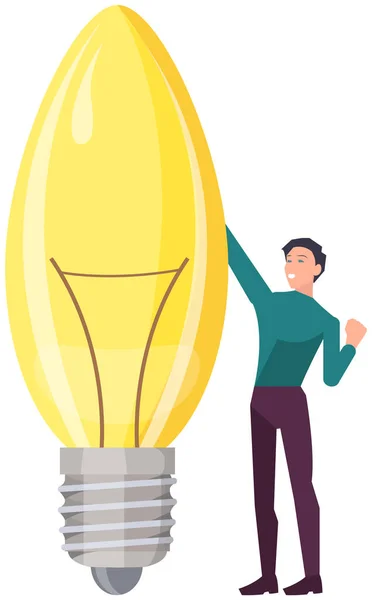 Guy creates idea of new project, planning startup. Man holding coffee to go stands near light bulb — Stock Vector