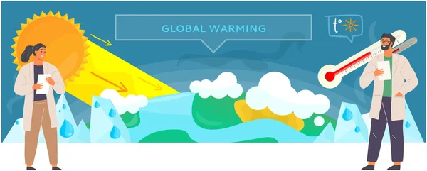 Vědci studují změnu teploty na Zemi. Lidé analyzují důvody globálního oteplování — Stockový vektor