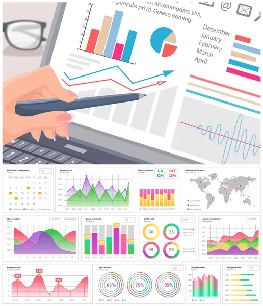 Schematy rynkowe. Wizualizacja i analiza informacji graficznych. Wskaźniki i dane statystyczne — Wektor stockowy