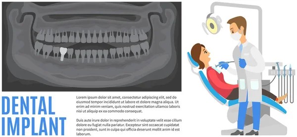 Fogászati implantátumokról és egészséges fogak röntgenjéről szóló cikkből. Fogorvosi székben ülő nő — Stock Vector