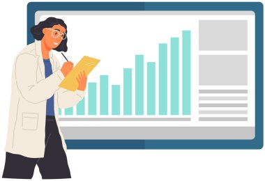 Bilim adamı veri analizi ve istatistik araştırmaları üzerinde çalışıyor. Loupe 'lu kadın grafiğe bakıyor.