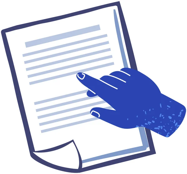 Human hand points to paper with data. Person showing document, information sheet, contract — Stockvektor