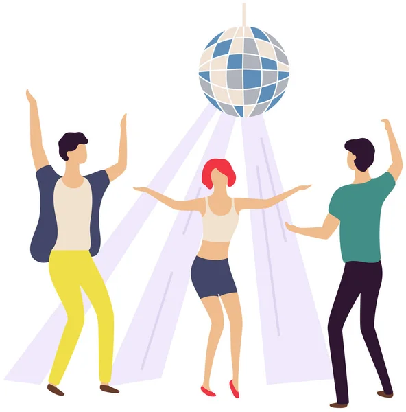 Group of friends while dancing in nightclub with disco ball. People spending time together at party — Stock vektor