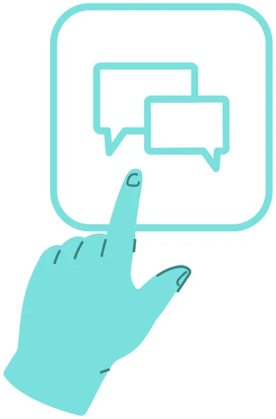 Kézzel mutat az üzenetre, sms-re, online kommunikációs jelre. Csevegés, virtuális sms-ezés a közösségi oldalon — Stock Vector
