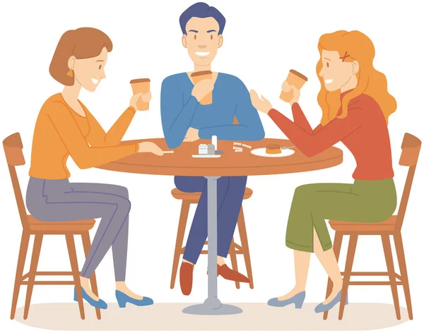 La gente se relaja y se comunica cerca de los iconos de comida y bebida. Los amigos pasan tiempo juntos en la cafetería. — Vector de stock