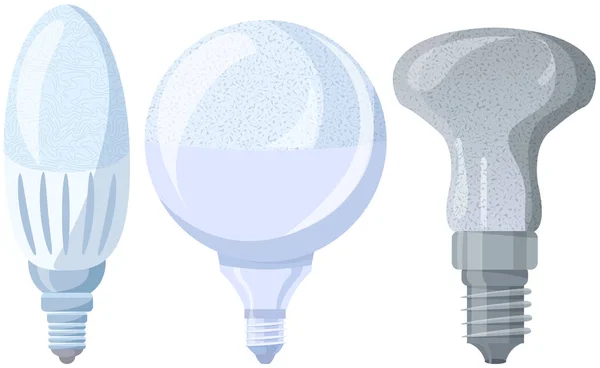 LED elettrici o apparecchi di illuminazione a risparmio energetico. Lampadine con diverse forme di base — Vettoriale Stock
