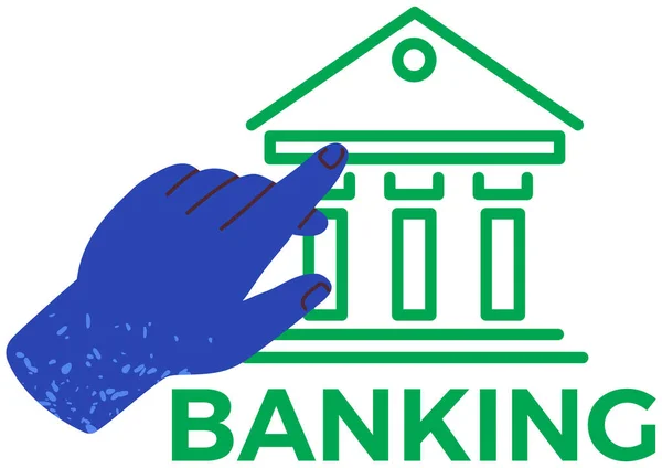 Руки указывают на иконку здания банка. Банковские приложения для денежных операций и инвестиций в бизнес — стоковый вектор