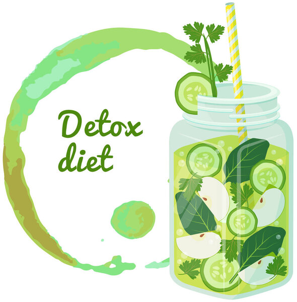 Detox diet lettering and jar with drink, smoothie. Proper nutrition, weight loss logo, emblem