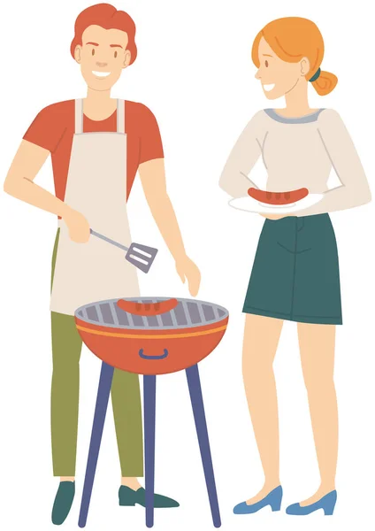 People grilling bbq meat, cooking out. Man and woman preparing steak for picnic, barbeque — стоковый вектор