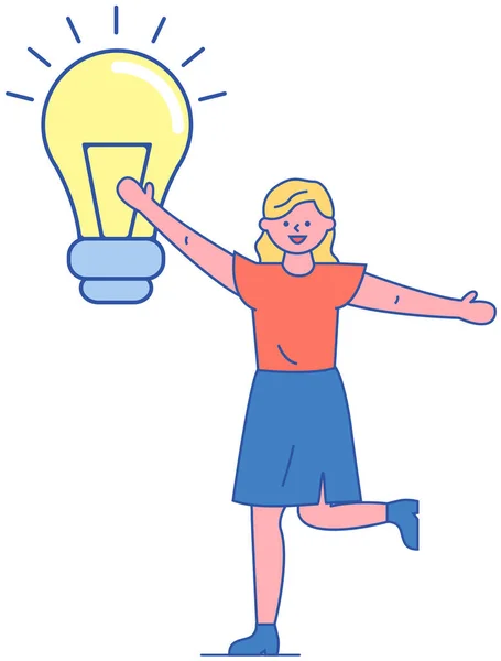 Ladyは新しいプロジェクトを作成し、スタートアップを計画し、解決策を探します。電球はアイデアの象徴として — ストックベクタ