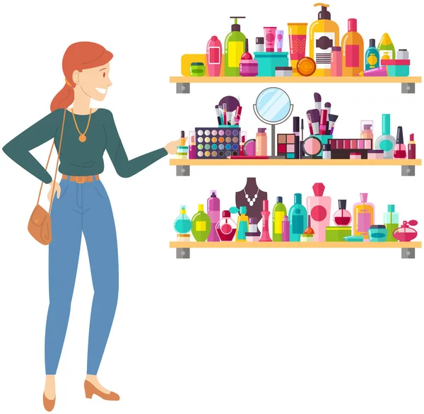 Femme regardant étagère avec des accessoires et des parfums féminins. Dame choisir des cosmétiques et de la parfumerie — Image vectorielle