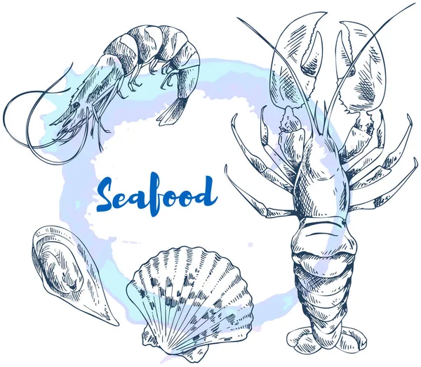 Marisco design de rótulo de restaurante com vida marinha diferente. Comida fresca do oceano, emblema para café — Vetor de Stock