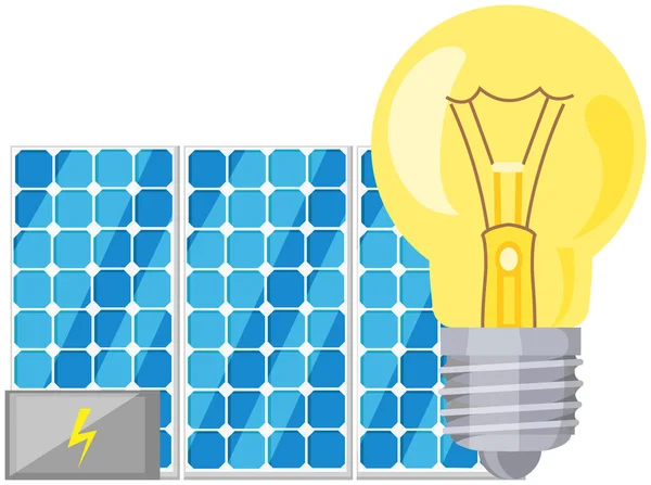 Glühbirne neben Sonnenkollektoren. Erzeugung von Bioenergie, umweltfreundlicher Strom aus Sonnenenergie — Stockvektor