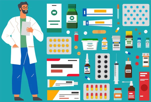 Medicina, farmacia, hospital conjunto de medicamentos con etiquetas. Medicamentos, concepto de tratamiento farmacéutico — Archivo Imágenes Vectoriales