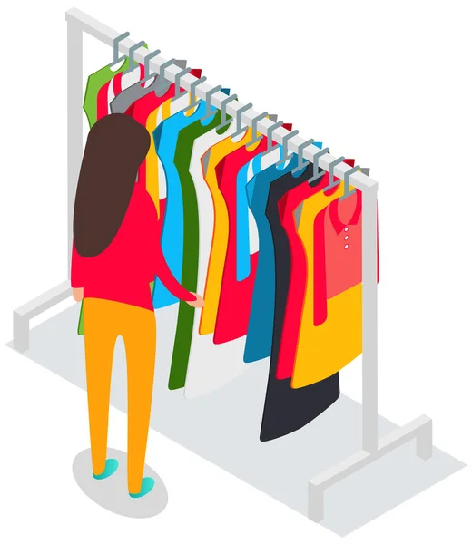 Woman standing in front of hangers and choosing outfit. Girl shopping in clothing store, boutique — Vetor de Stock