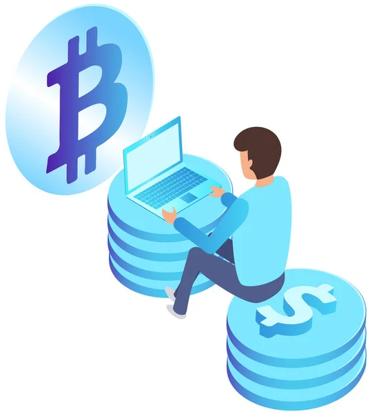 Guy with computer works in cryptocurrency. Man using exchange and mining program, trading platform — Stock Vector