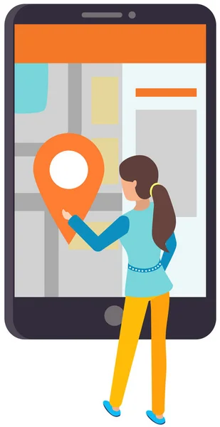 Navegação de GPS, rastreamento com aplicativo móvel. Pessoa a olhar para o mapa da área com marcas —  Vetores de Stock