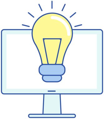 Ampul, bilgisayar ekranında elektrik tabelası. Yeni fikir oluşumunun sembolü, çözüm arayışı