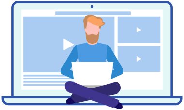 Dizüstü bilgisayarı olan adam oyuncuyu ders ya da video için açar. Adam canlı yayında web sitesi kullanıyor