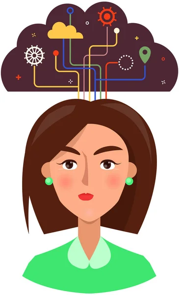 Vrouw met een ernstig gezicht in de buurt van visuele innovatie. Big data visualisatie complexe structuur — Stockvector