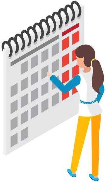 Woman standing and looking calendar. Business best strategy planning events, shcheduling work — Stock Vector