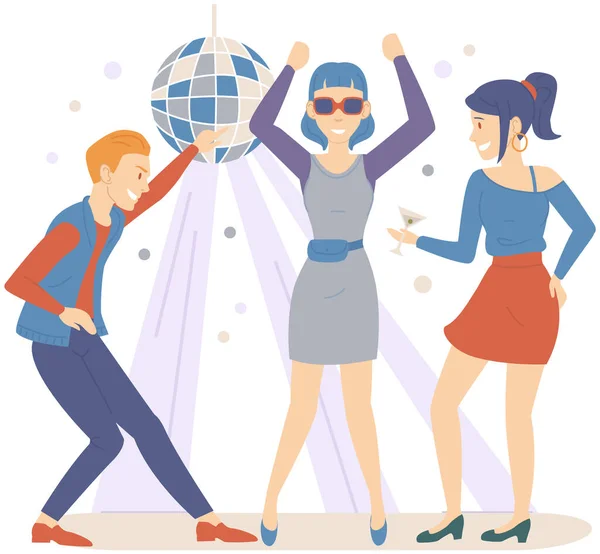 Group of friends while dancing in nightclub with disco ball. People spending time together at party — Stock Vector