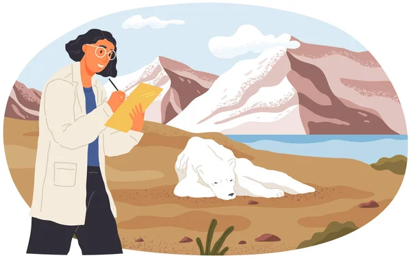 Γυναίκα επιστήμονας με πρόχειρο εξερευνά τη φύση για την έρευνα. Ερευνητής αναλύει την άγρια ζωή της Arctica — Διανυσματικό Αρχείο