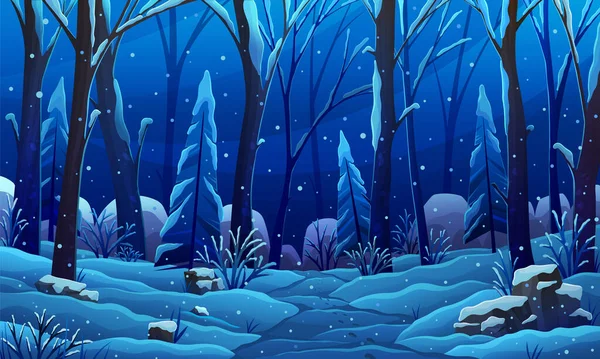 Forêt hivernale couverte de plantes et d'arbres la nuit. Paysage de défrichement avec arbres enneigés — Image vectorielle