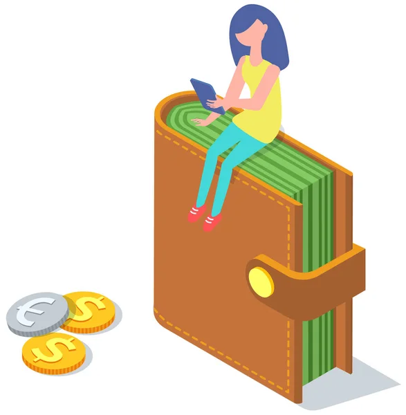 Mujer utiliza la tableta o teléfono inteligente para chatear y navegar por Internet, para ganar dinero, redes sociales — Vector de stock