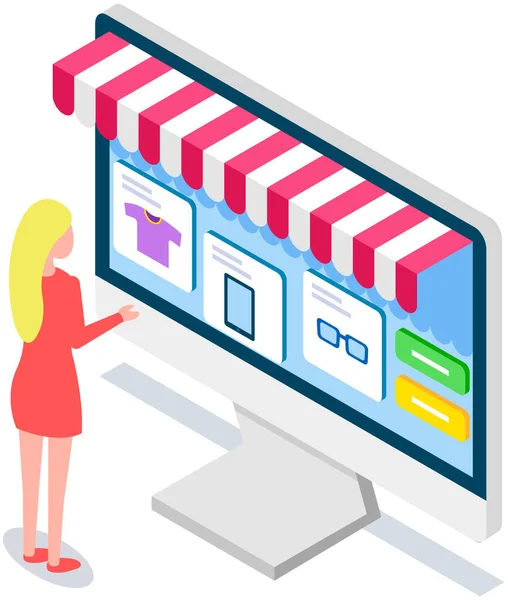 Donna che utilizza il programma per lo shopping online, Lady che lavora con l'interfaccia del negozio online sul monitor — Vettoriale Stock