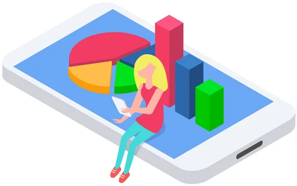 Žena analyzuje digitální zprávu pomocí statistik. Statistické ukazatele a údaje na diagramu — Stockový vektor